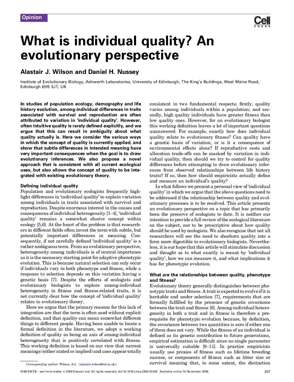 What is individual quality? An evolutionary perspective