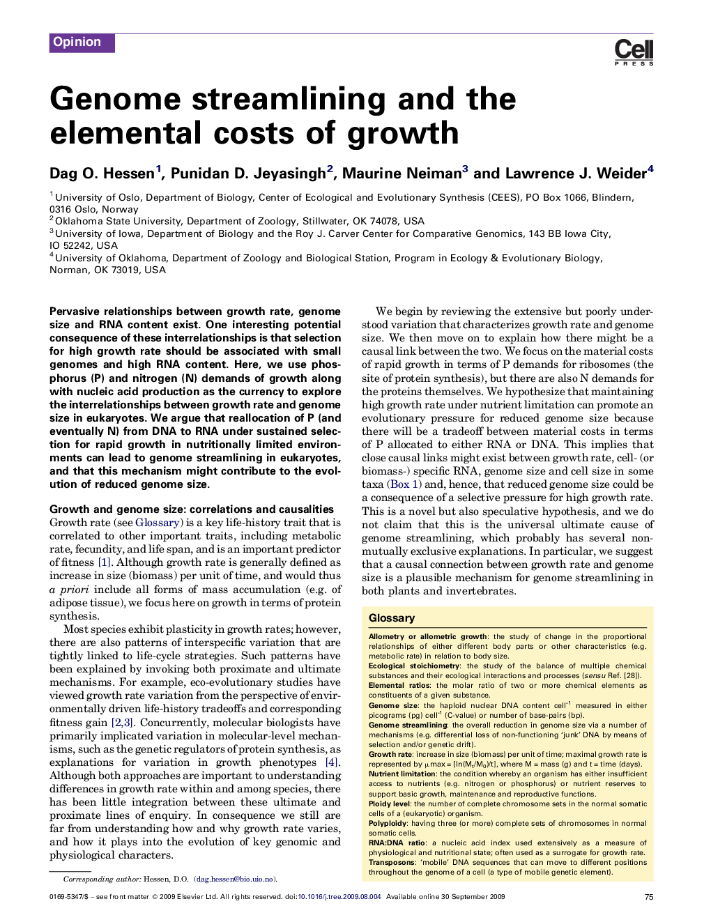 Genome streamlining and the elemental costs of growth