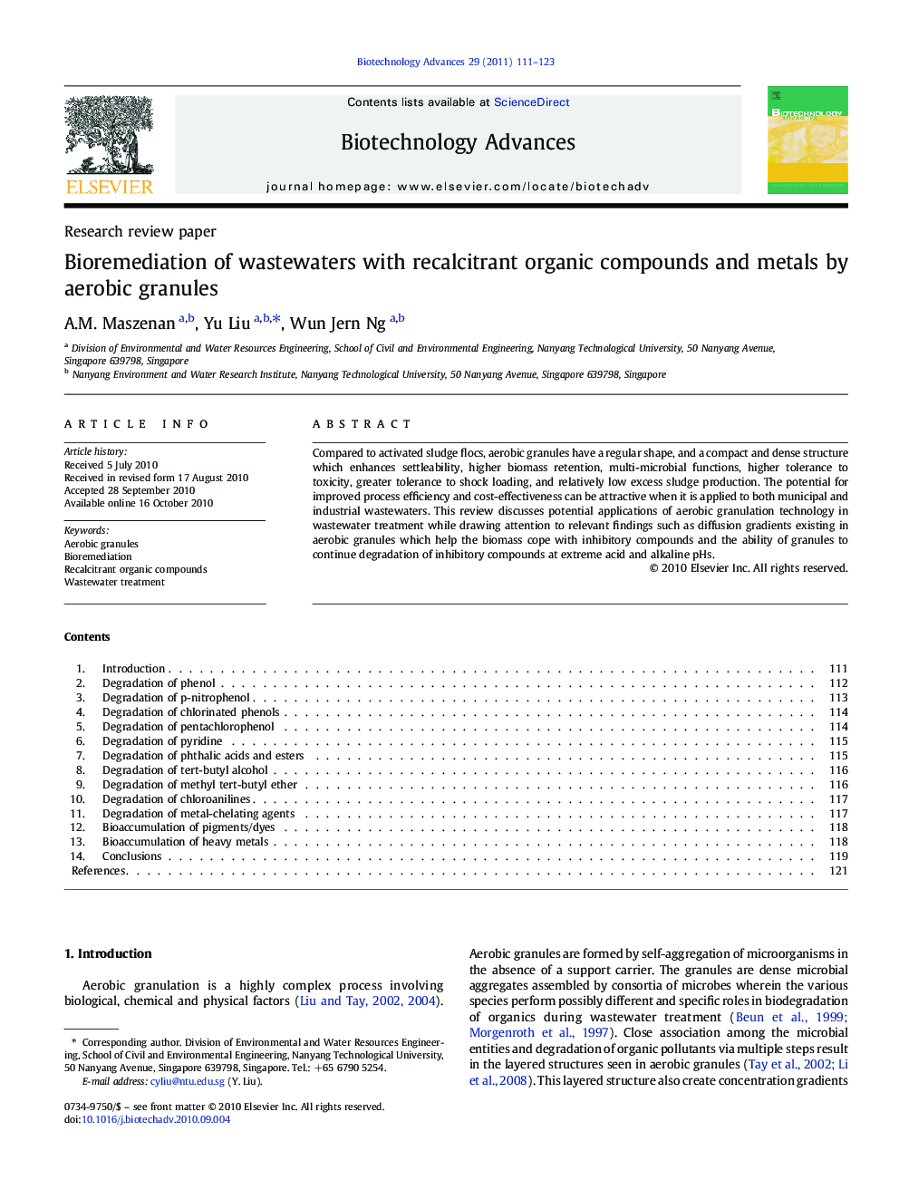 Bioremediation of wastewaters with recalcitrant organic compounds and metals by aerobic granules