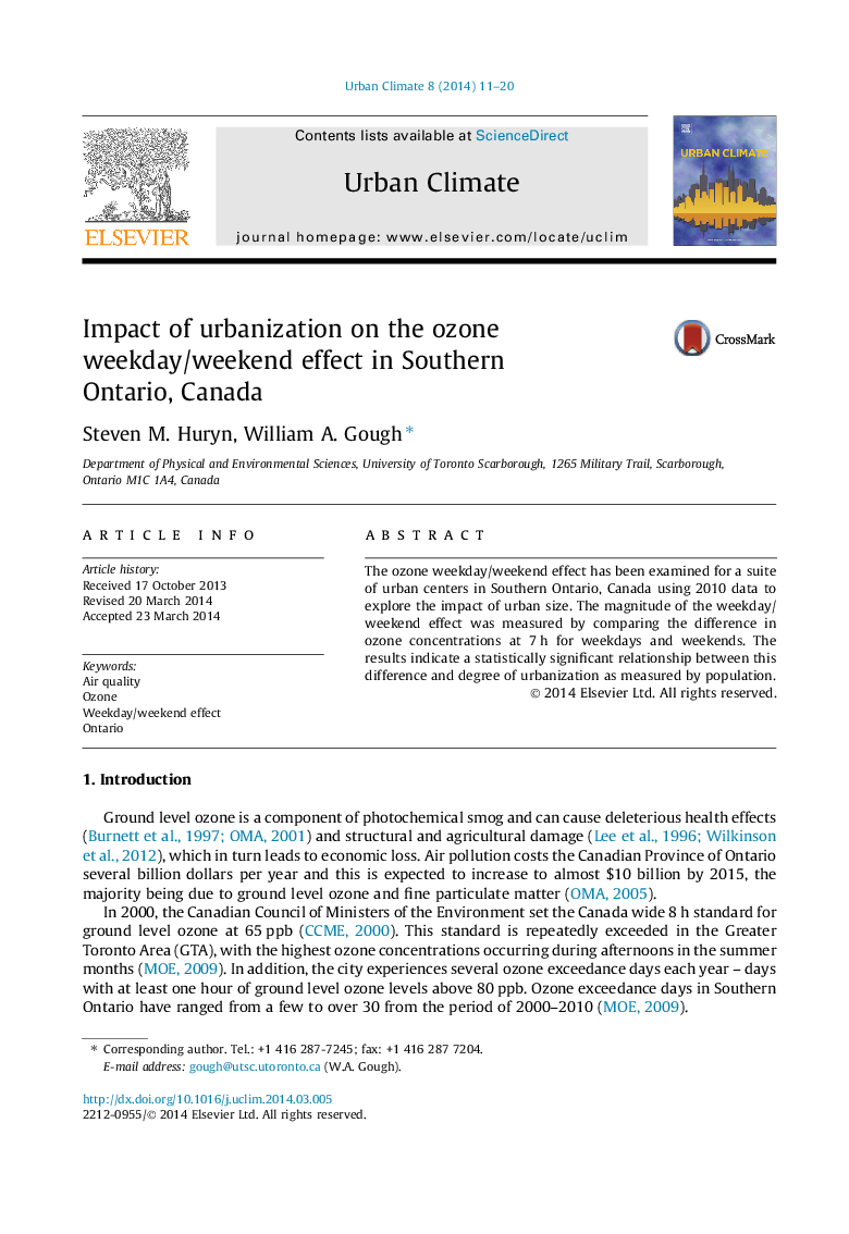 Impact of urbanization on the ozone weekday/weekend effect in Southern Ontario, Canada