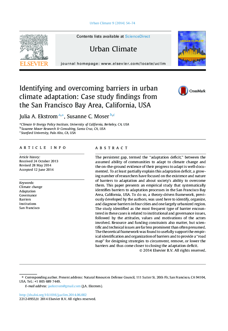 Identifying and overcoming barriers in urban climate adaptation: Case study findings from the San Francisco Bay Area, California, USA