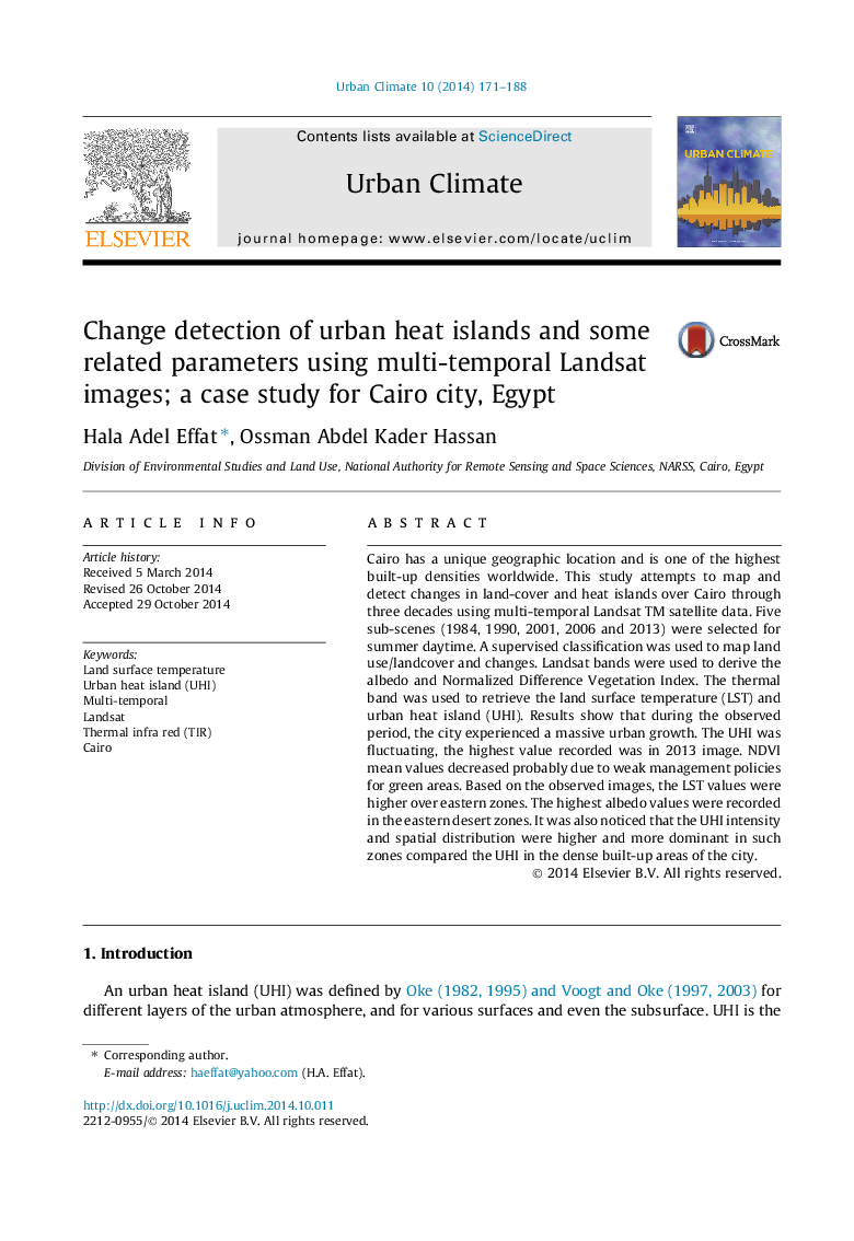 تغییر تشخیص جزایر گرمایی شهری و برخی از پارامترهای مربوط به آن با استفاده از تصاویر لندست چند زمانه؛ یک مطالعه مورد برای شهر قاهره، مصر 