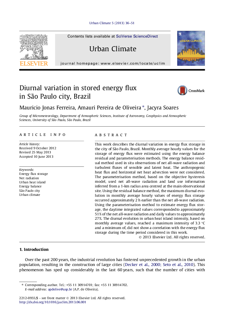 Diurnal variation in stored energy flux in São Paulo city, Brazil