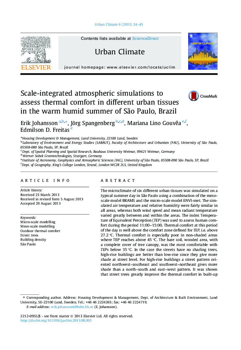 Scale-integrated atmospheric simulations to assess thermal comfort in different urban tissues in the warm humid summer of São Paulo, Brazil