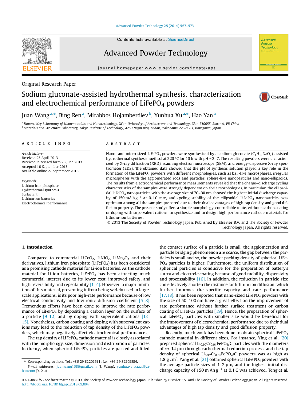 Sodium gluconate-assisted hydrothermal synthesis, characterization and electrochemical performance of LiFePO4 powders