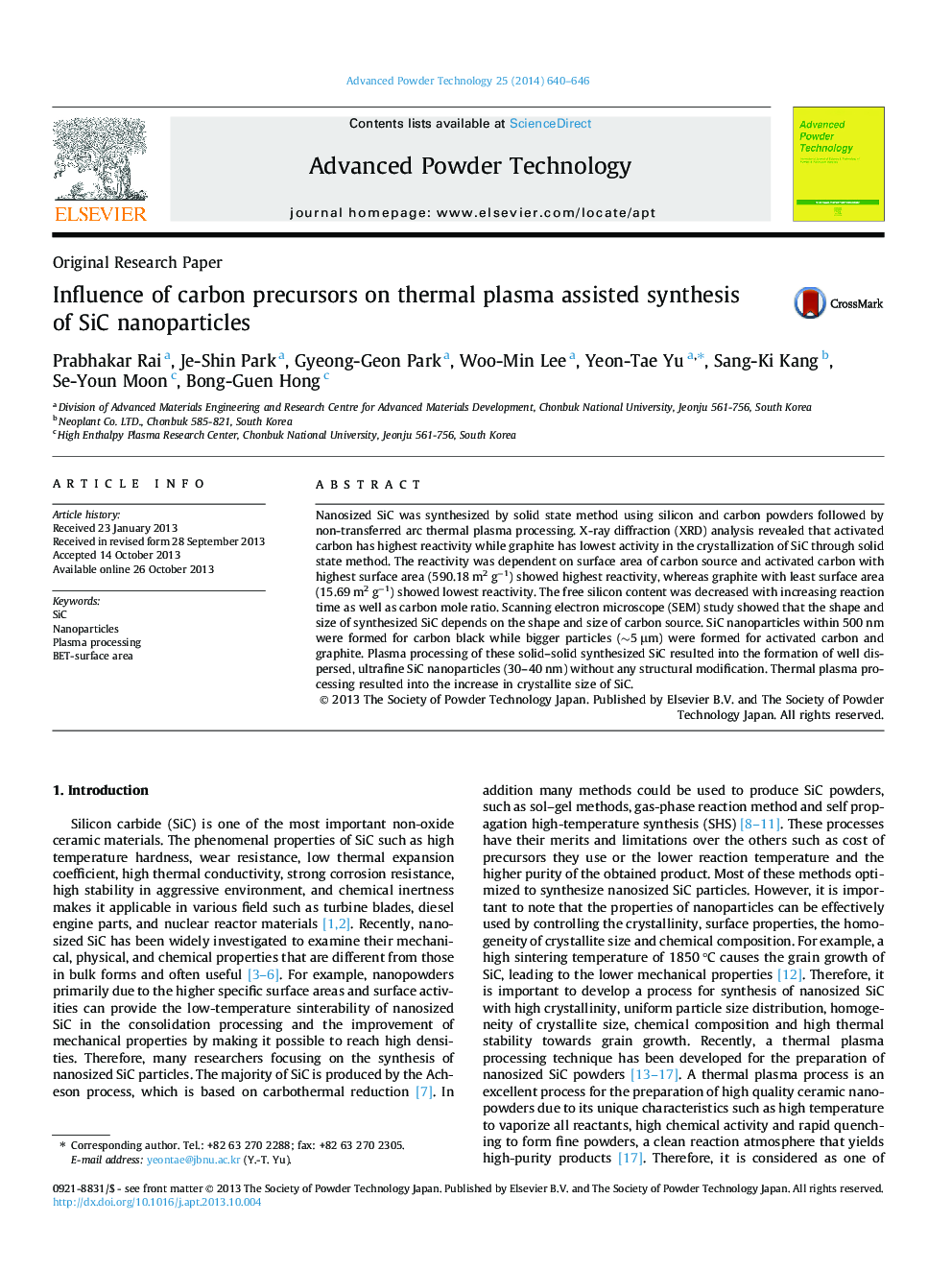 Influence of carbon precursors on thermal plasma assisted synthesis of SiC nanoparticles