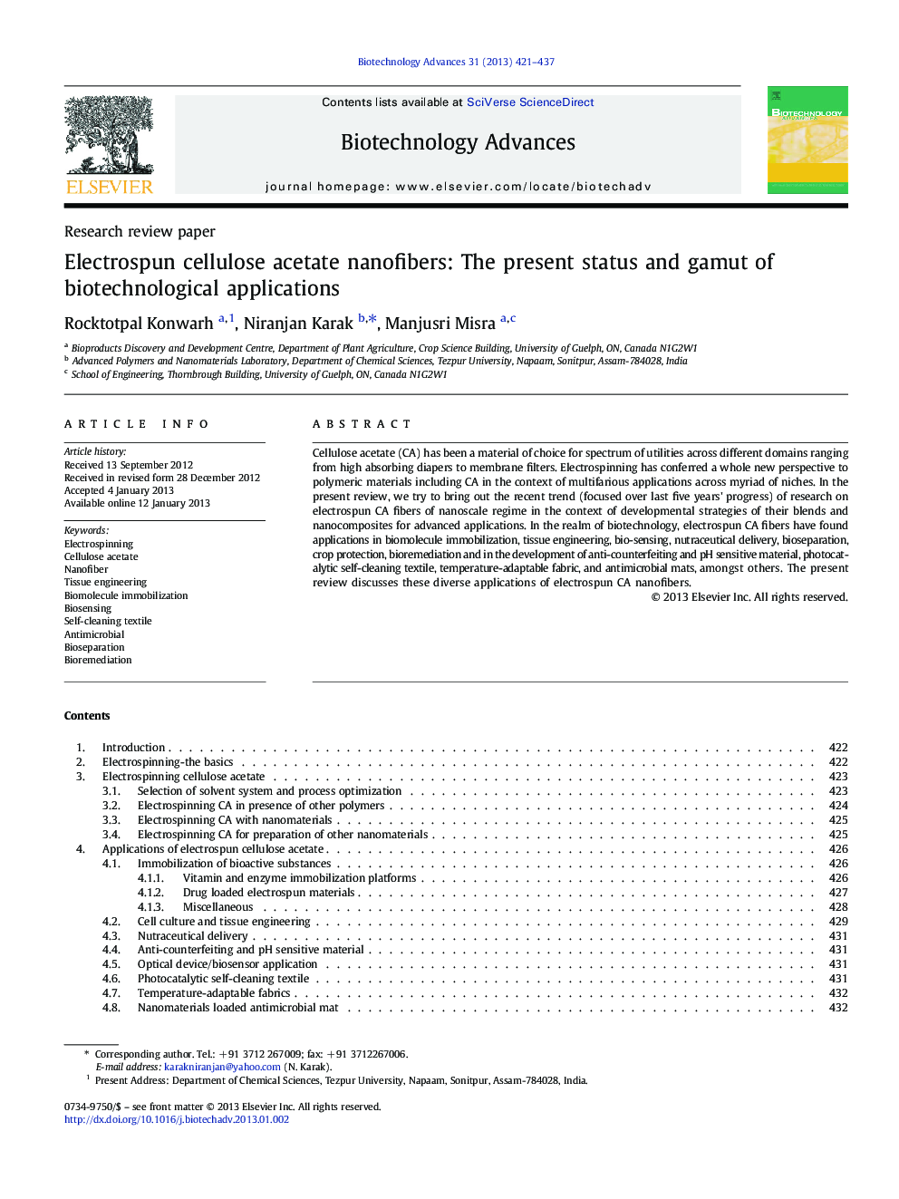 Electrospun cellulose acetate nanofibers: The present status and gamut of biotechnological applications