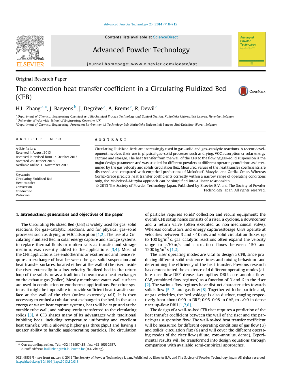 The convection heat transfer coefficient in a Circulating Fluidized Bed (CFB)