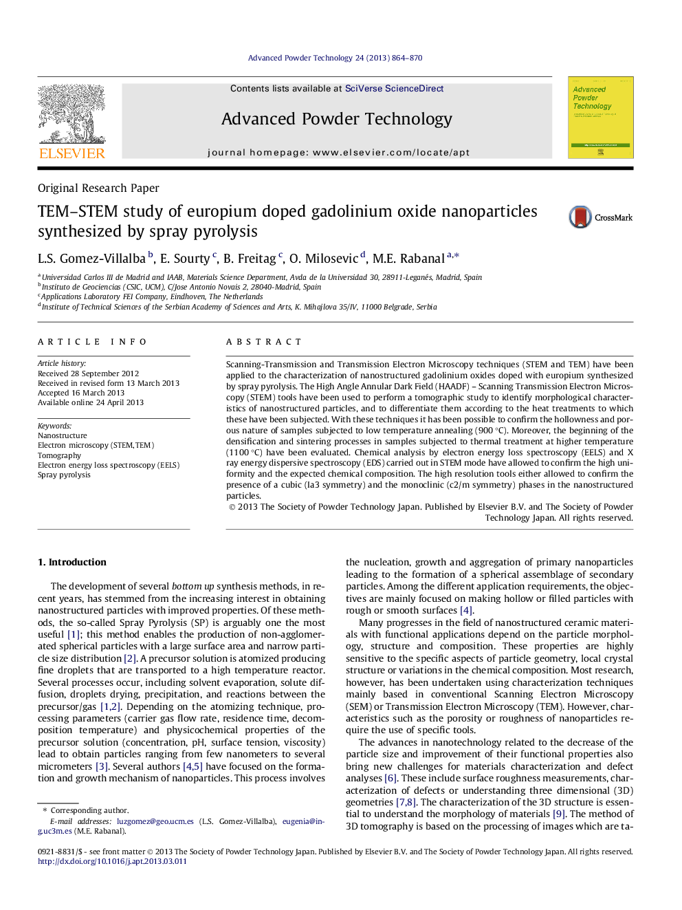 TEM–STEM study of europium doped gadolinium oxide nanoparticles synthesized by spray pyrolysis