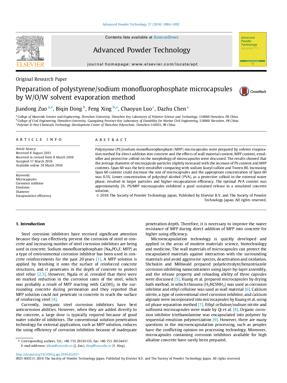 Preparation of polystyrene/sodium monofluorophosphate microcapsules by W/O/W solvent evaporation method