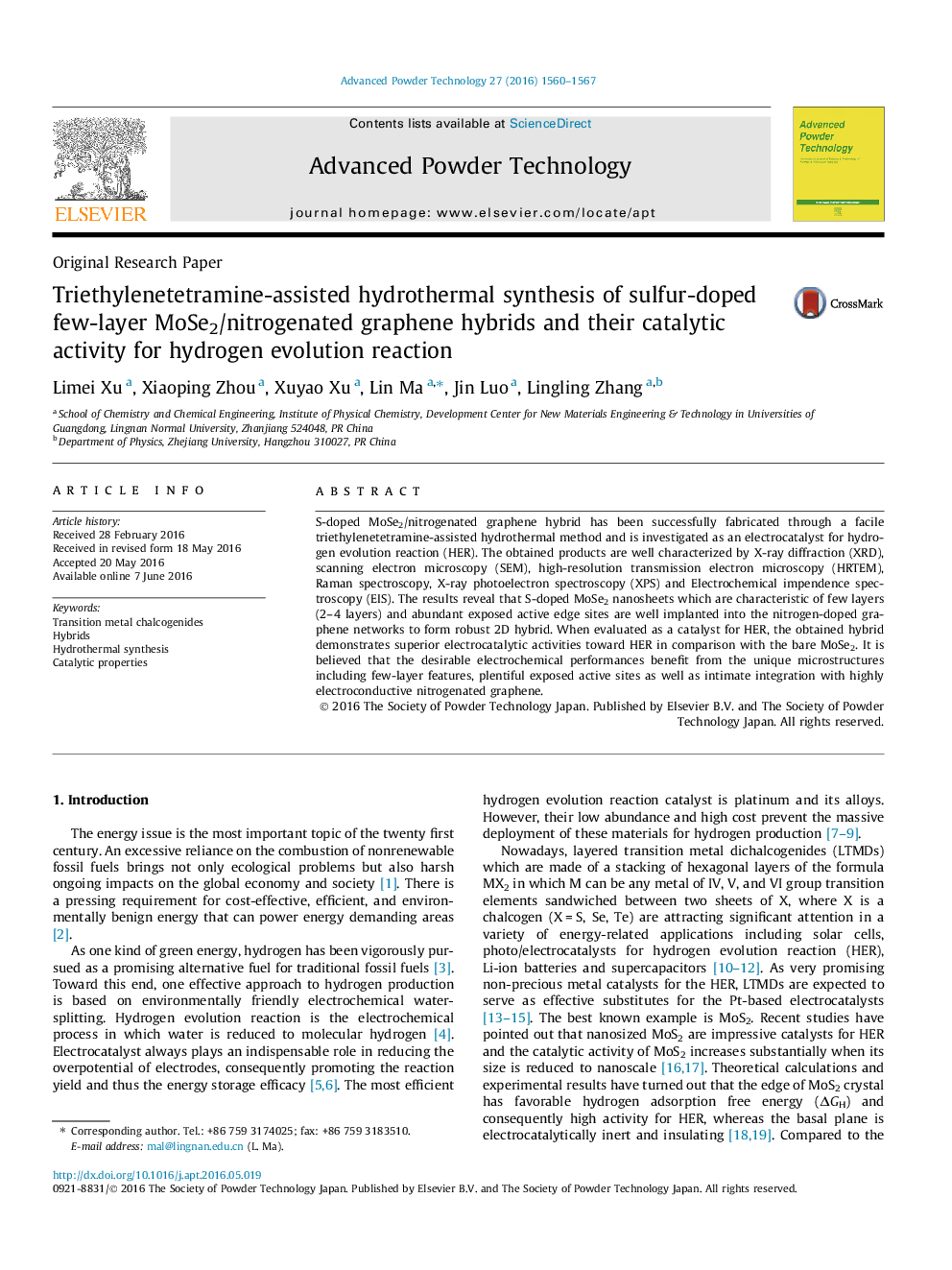 Triethylenetetramine-assisted hydrothermal synthesis of sulfur-doped few-layer MoSe2/nitrogenated graphene hybrids and their catalytic activity for hydrogen evolution reaction