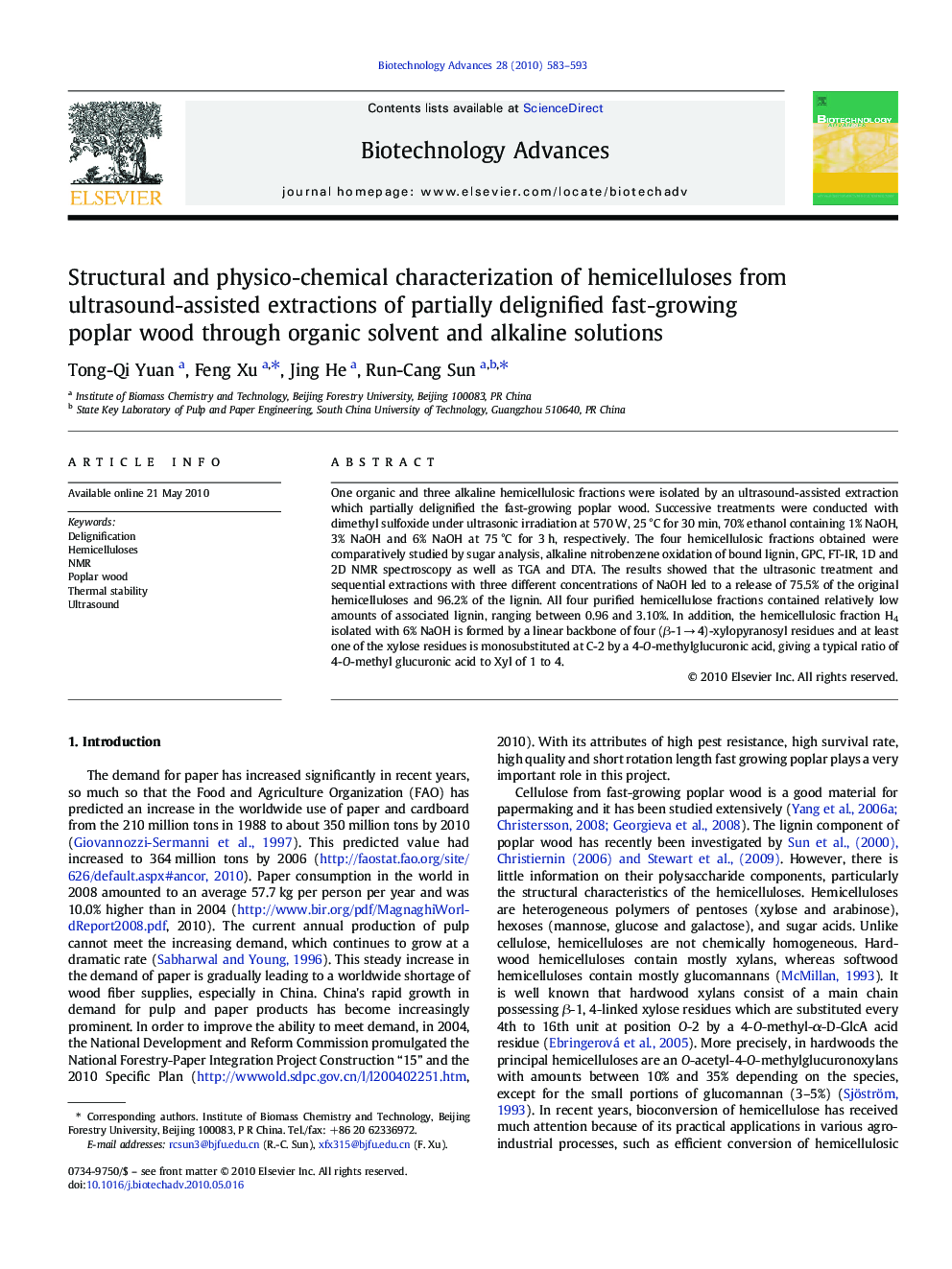 Structural and physico-chemical characterization of hemicelluloses from ultrasound-assisted extractions of partially delignified fast-growing poplar wood through organic solvent and alkaline solutions