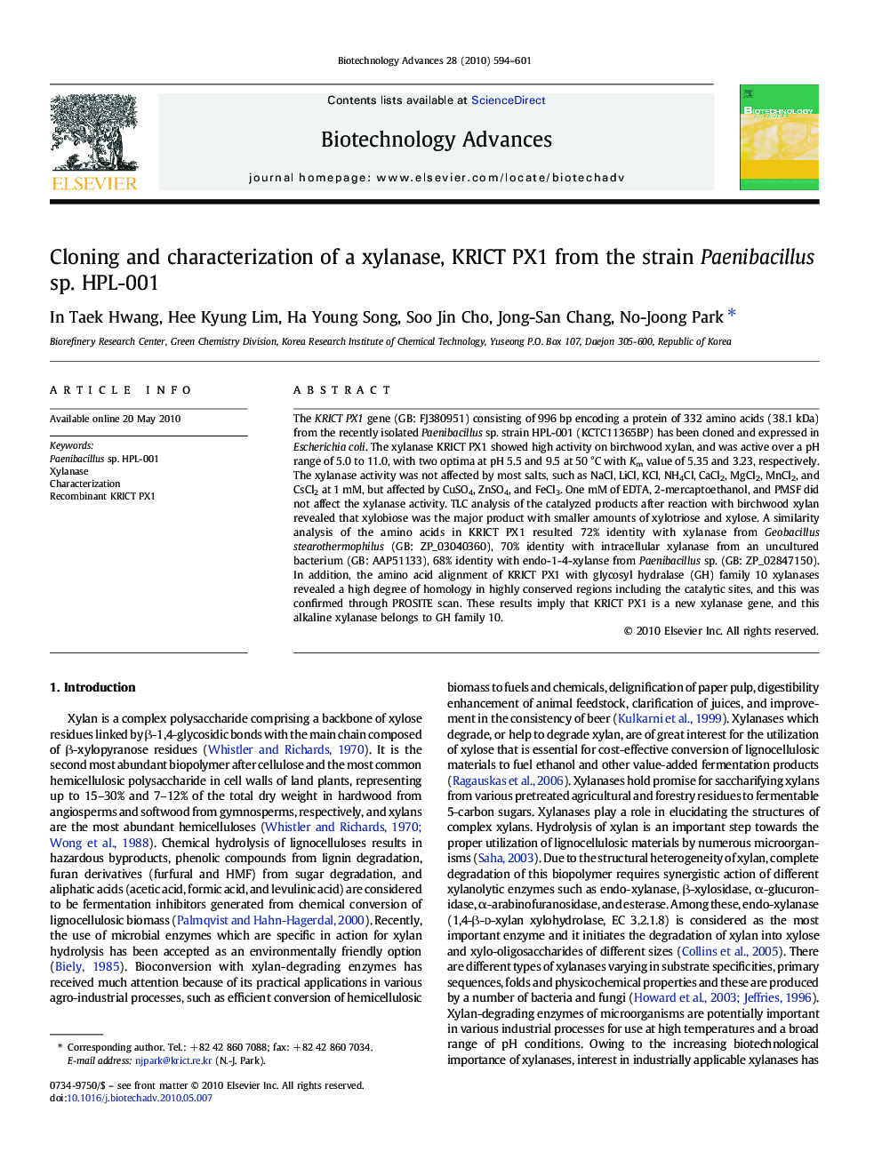 Cloning and characterization of a xylanase, KRICT PX1 from the strain Paenibacillus sp. HPL-001