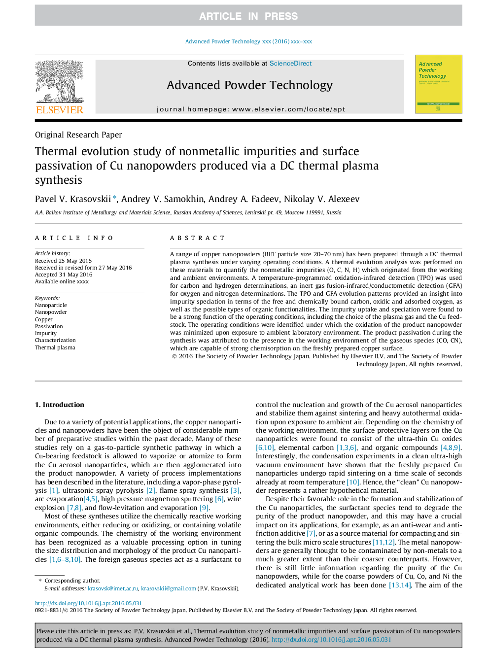 Thermal evolution study of nonmetallic impurities and surface passivation of Cu nanopowders produced via a DC thermal plasma synthesis