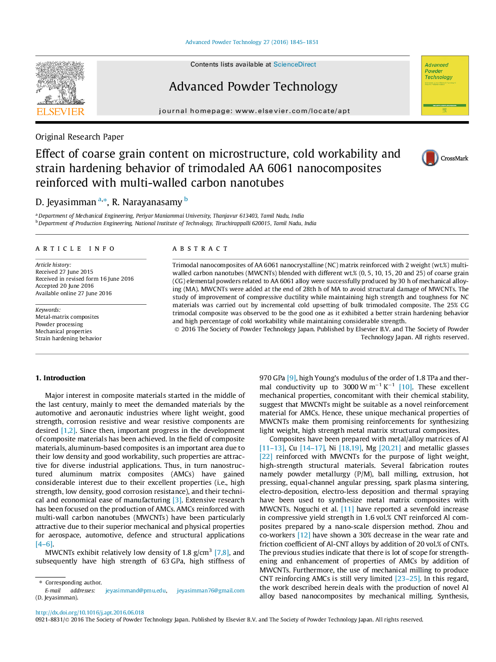 Effect of coarse grain content on microstructure, cold workability and strain hardening behavior of trimodaled AA 6061 nanocomposites reinforced with multi-walled carbon nanotubes