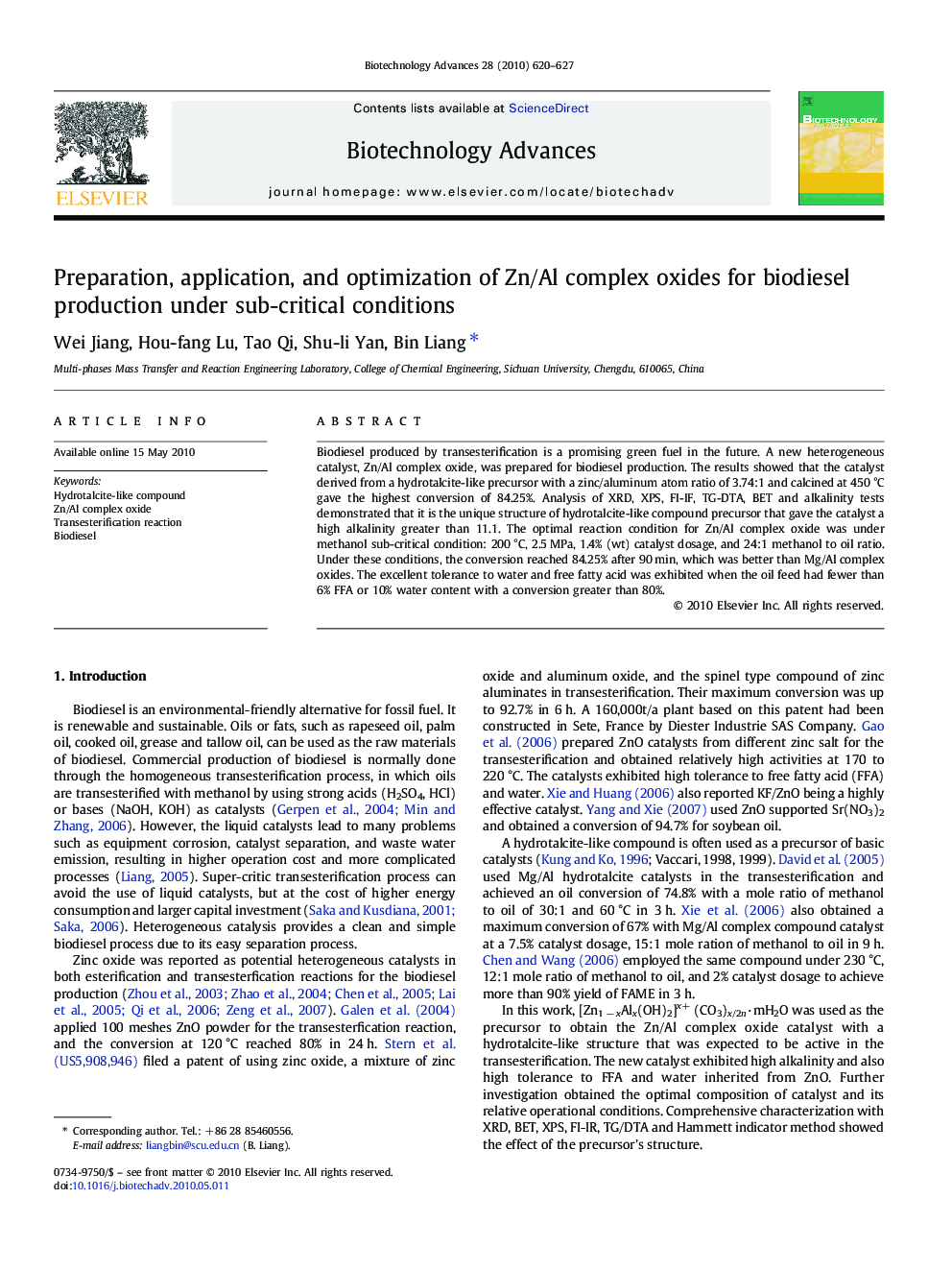 Preparation, application, and optimization of Zn/Al complex oxides for biodiesel production under sub-critical conditions