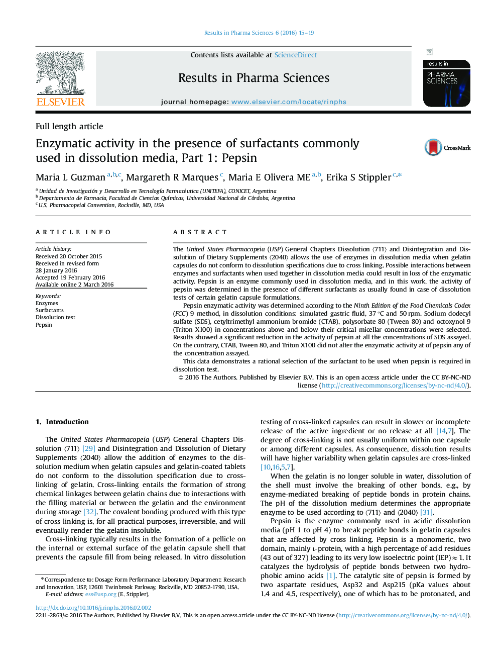 Enzymatic activity in the presence of surfactants commonly used in dissolution media, Part 1: Pepsin