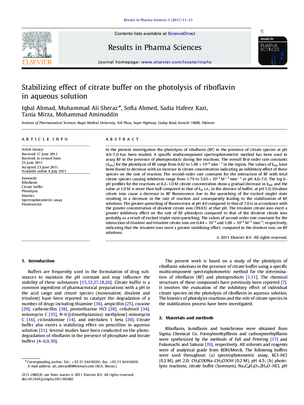 Stabilizing effect of citrate buffer on the photolysis of riboflavin in aqueous solution