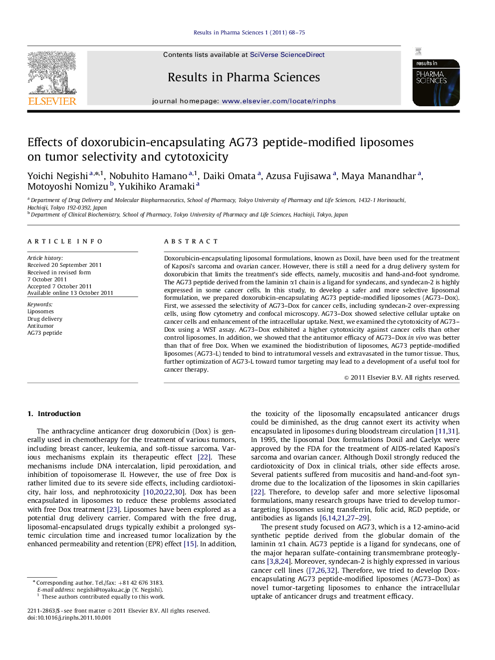 Effects of doxorubicin-encapsulating AG73 peptide-modified liposomes on tumor selectivity and cytotoxicity