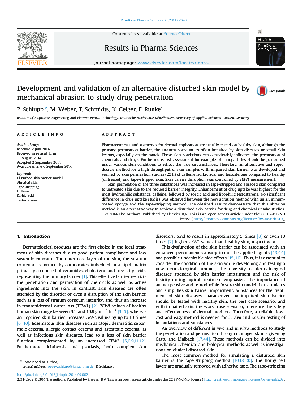 Development and validation of an alternative disturbed skin model by mechanical abrasion to study drug penetration