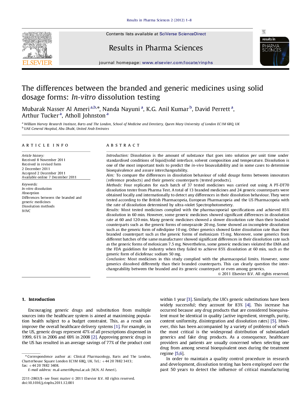 The differences between the branded and generic medicines using solid dosage forms: In-vitro dissolution testing