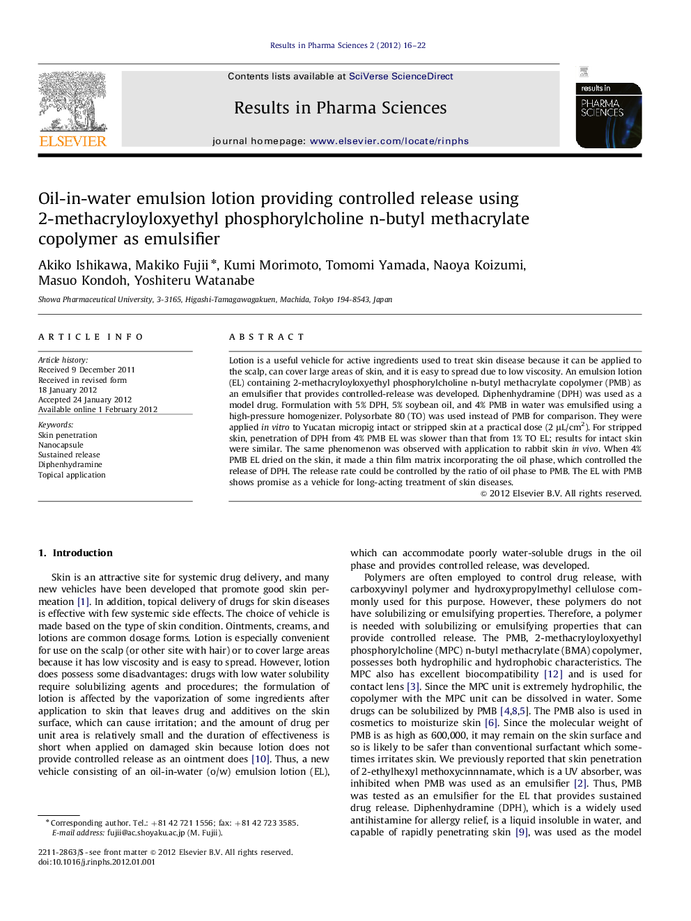 Oil-in-water emulsion lotion providing controlled release using 2-methacryloyloxyethyl phosphorylcholine n-butyl methacrylate copolymer as emulsifier