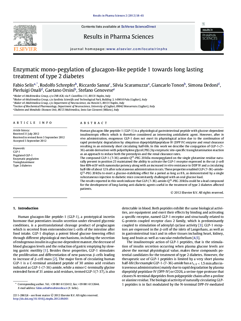 Enzymatic mono-pegylation of glucagon-like peptide 1 towards long lasting treatment of type 2 diabetes