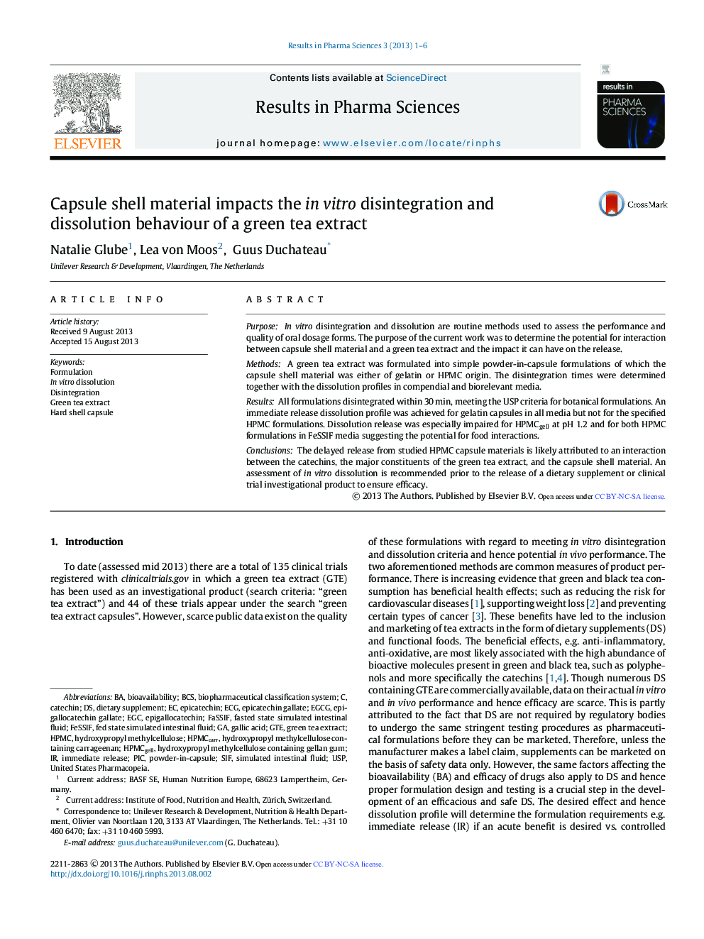 Capsule shell material impacts the in vitro disintegration and dissolution behaviour of a green tea extract