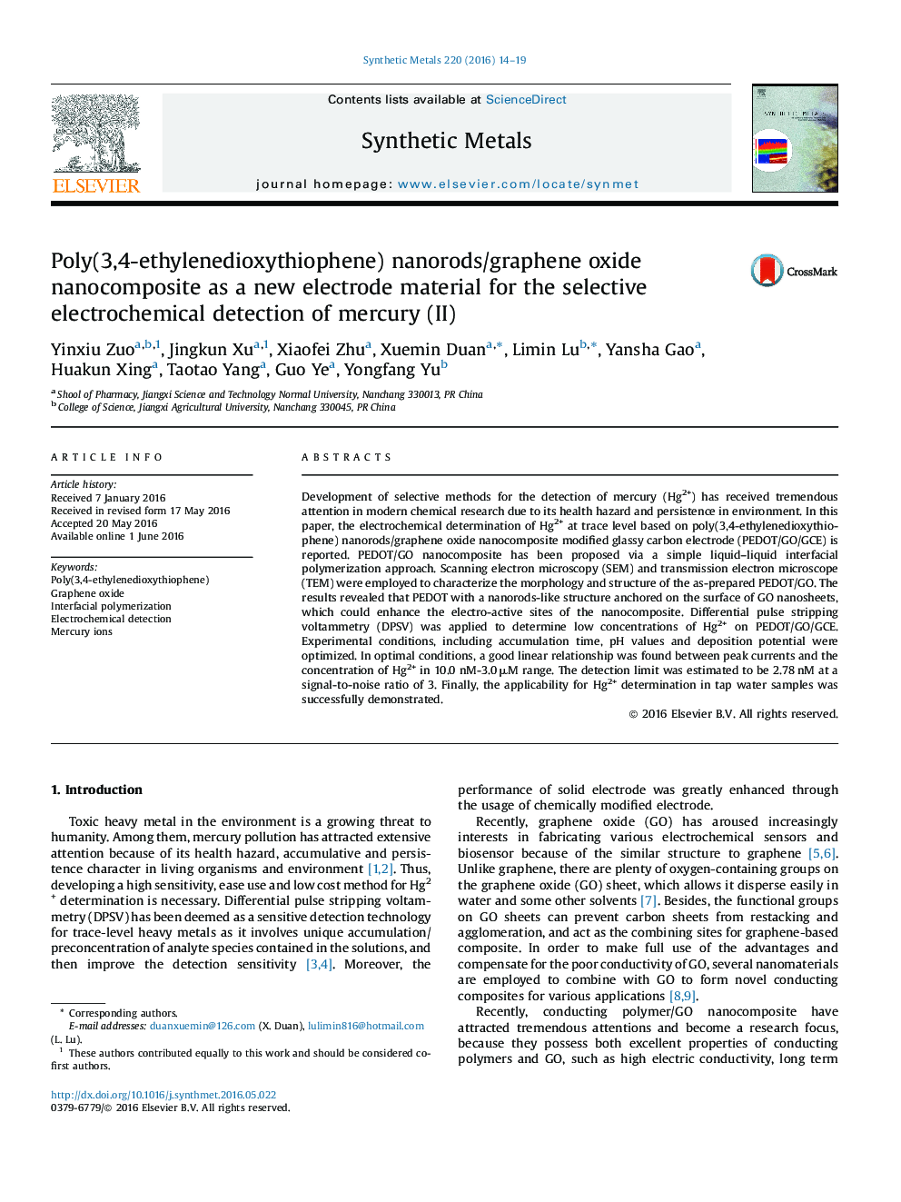 Poly(3,4-ethylenedioxythiophene) nanorods/graphene oxide nanocomposite as a new electrode material for the selective electrochemical detection of mercury (II)