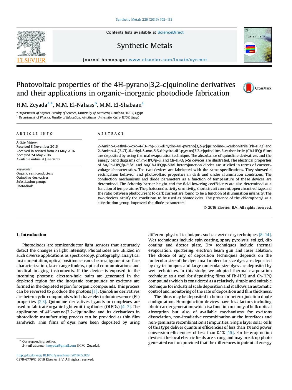 Photovoltaic properties of the 4H-pyrano[3,2-c]quinoline derivatives and their applications in organic–inorganic photodiode fabrication