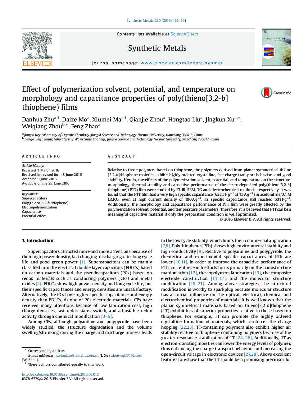 Effect of polymerization solvent, potential, and temperature on morphology and capacitance properties of poly(thieno[3,2-b]thiophene) films