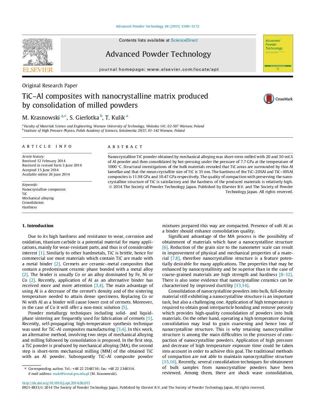 TiC–Al composites with nanocrystalline matrix produced by consolidation of milled powders