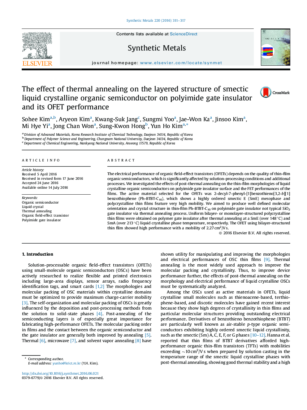 عکس صفحه اول مقاله: The effect of thermal annealing on the layered structure of smectic liquid crystalline organic semiconductor on polyimide gate insulator and its OFET performance The effect of thermal annealing on the layered structure of smectic liquid crystalline organic semiconductor on polyimide gate insulator and its OFET performance