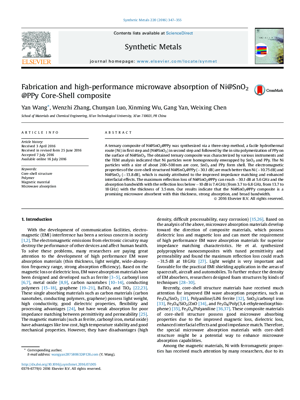 Fabrication and high-performance microwave absorption of Ni@SnO2 @PPy Core-Shell composite