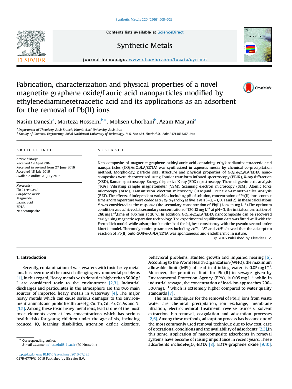 Fabrication, characterization and physical properties of a novel magnetite graphene oxide/Lauric acid nanoparticles modified by ethylenediaminetetraacetic acid and its applications as an adsorbent for the removal of Pb(II) ions