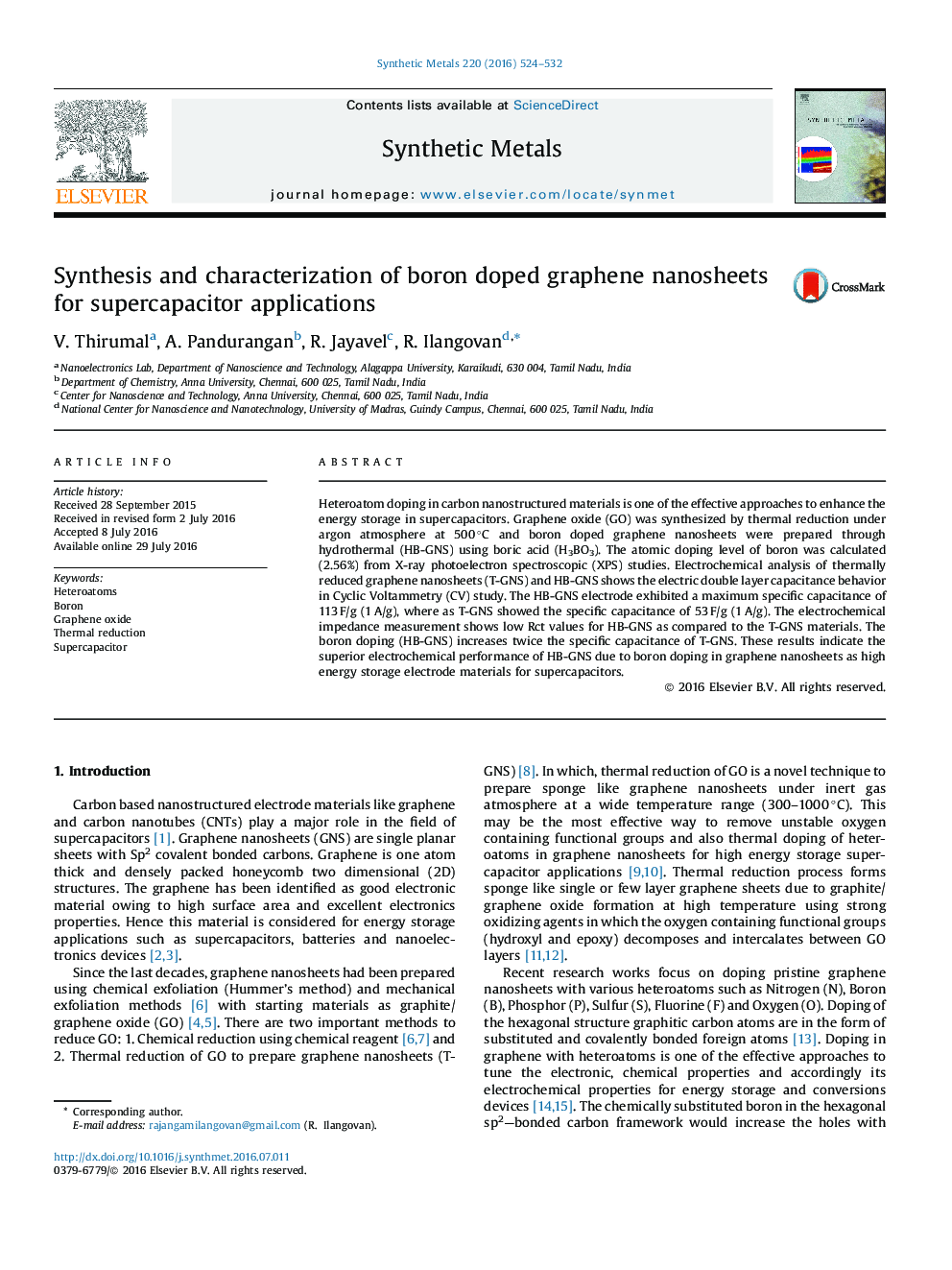 Synthesis and characterization of boron doped graphene nanosheets for supercapacitor applications