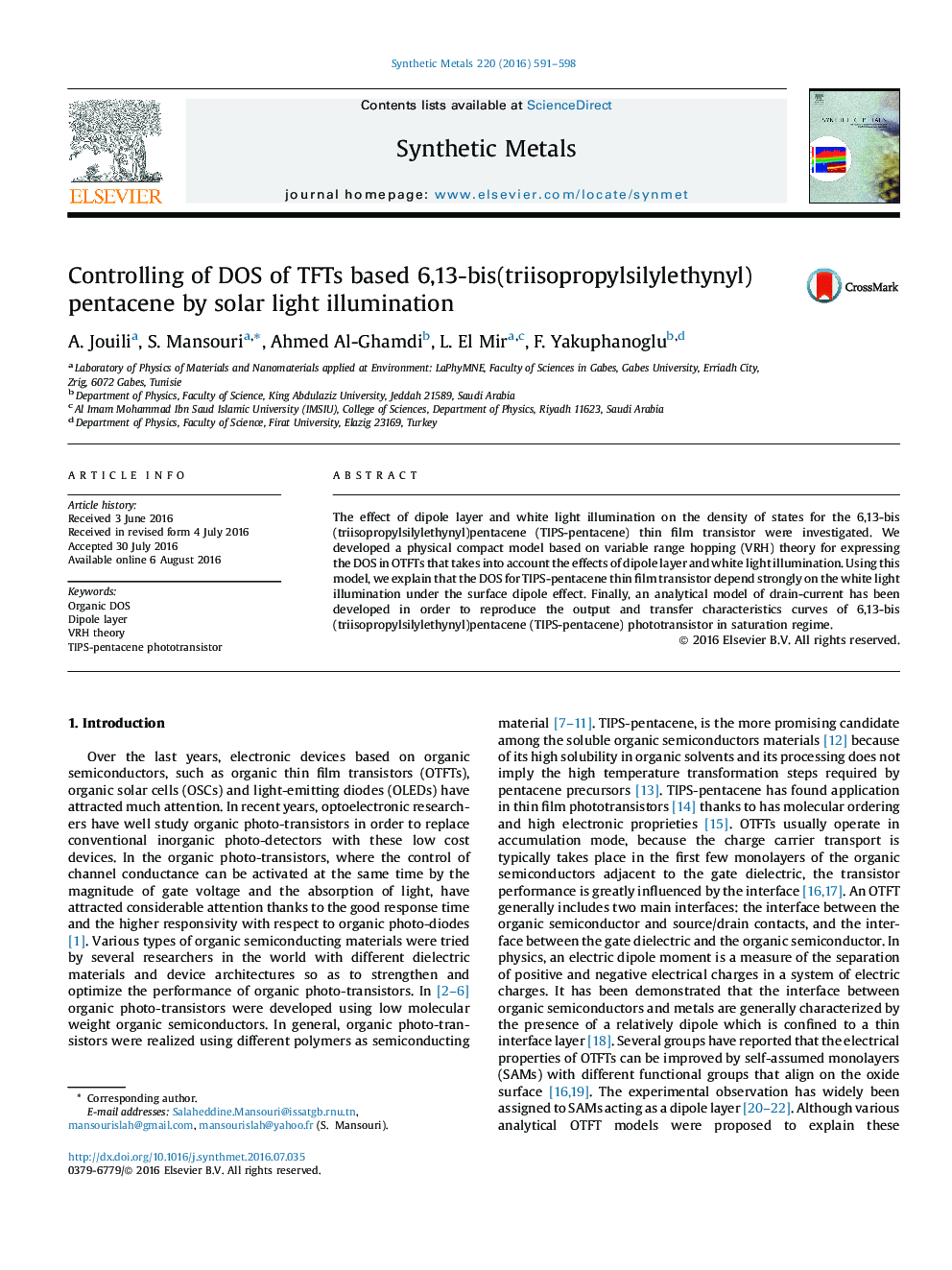 Controlling of DOS of TFTs based 6,13-bis(triisopropylsilylethynyl) pentacene by solar light illumination