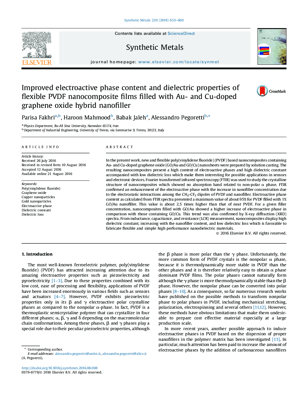 Improved electroactive phase content and dielectric properties of flexible PVDF nanocomposite films filled with Au- and Cu-doped graphene oxide hybrid nanofiller