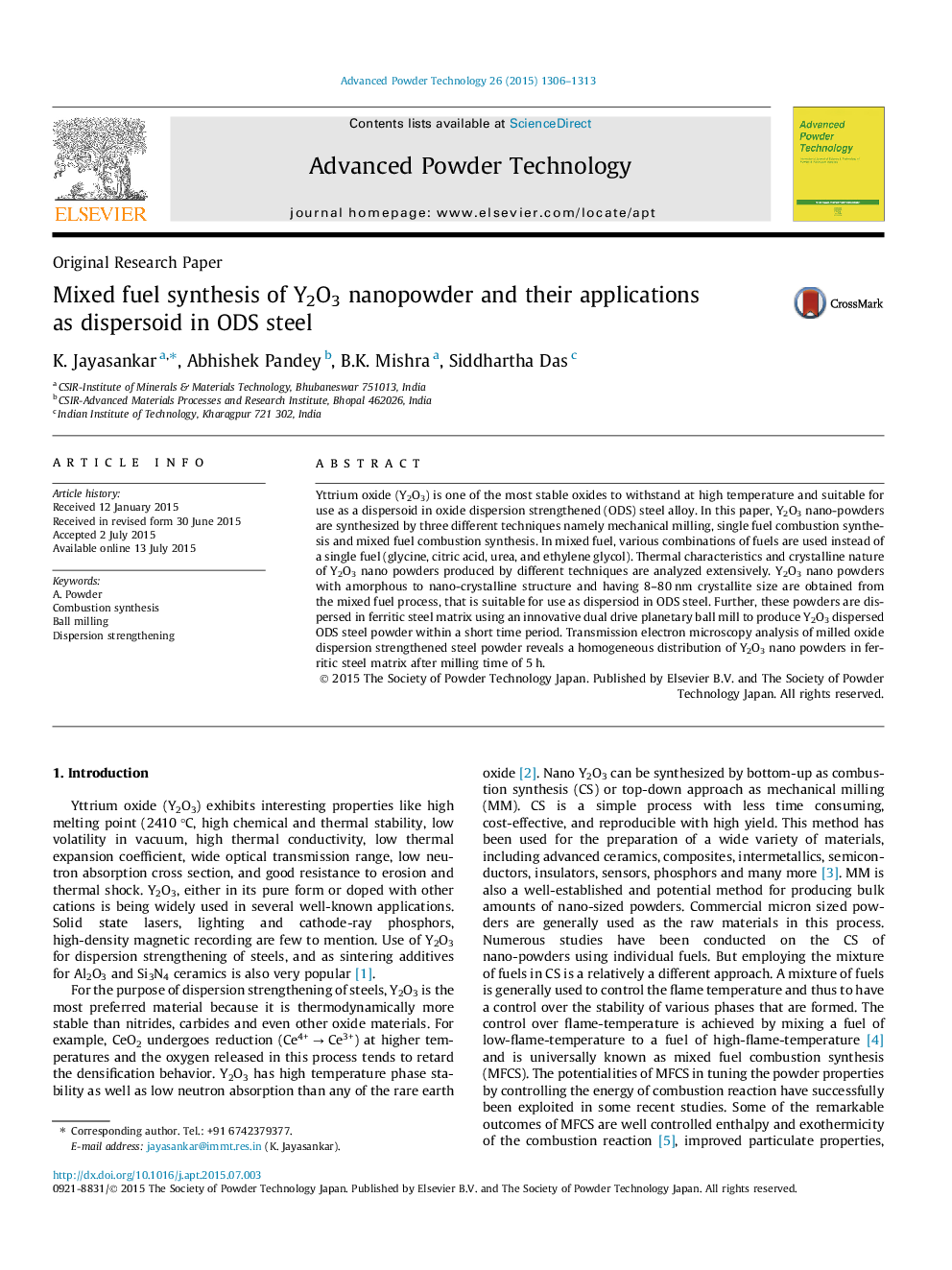 Mixed fuel synthesis of Y2O3 nanopowder and their applications as dispersoid in ODS steel