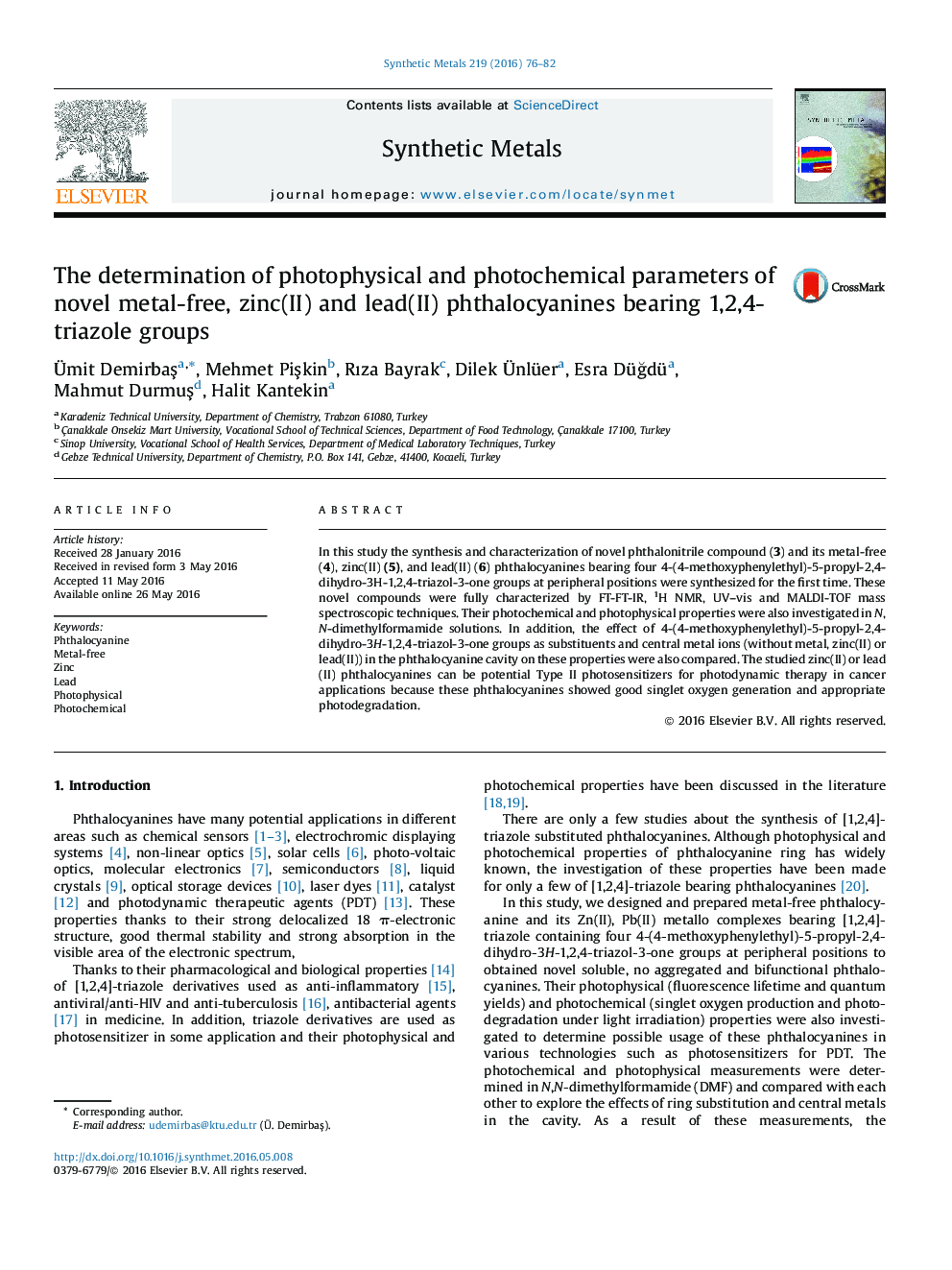 The determination of photophysical and photochemical parameters of novel metal-free, zinc(II) and lead(II) phthalocyanines bearing 1,2,4-triazole groups