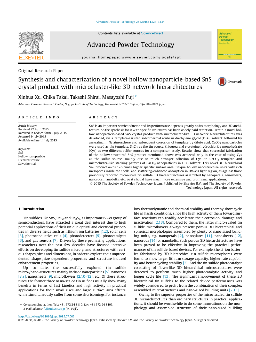 Synthesis and characterization of a novel hollow nanoparticle-based SnS crystal product with microcluster-like 3D network hierarchitectures