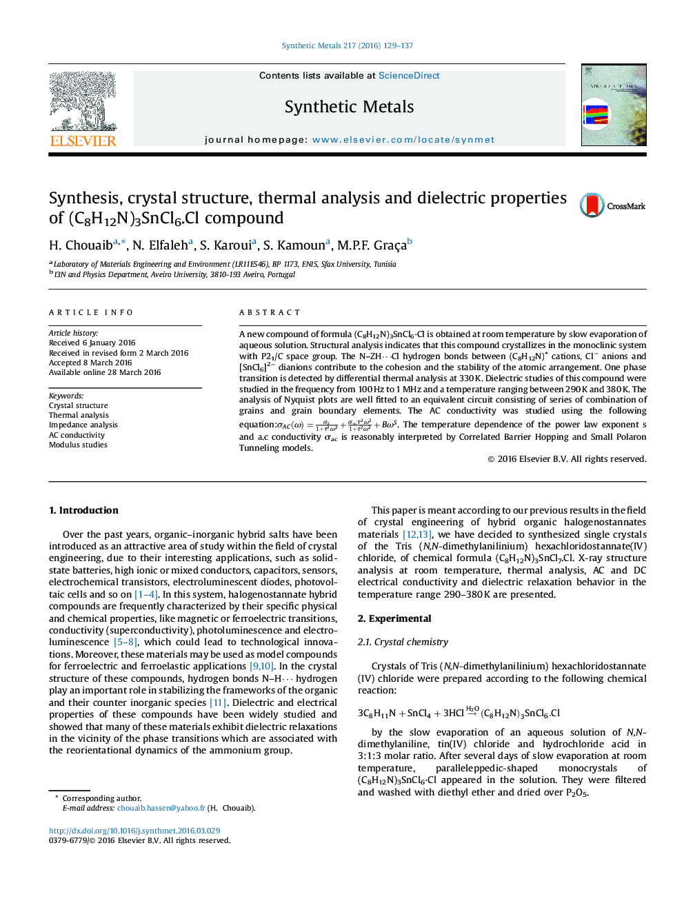 Synthesis, crystal structure, thermal analysis and dielectric properties of (C8H12N)3SnCl6.Cl compound