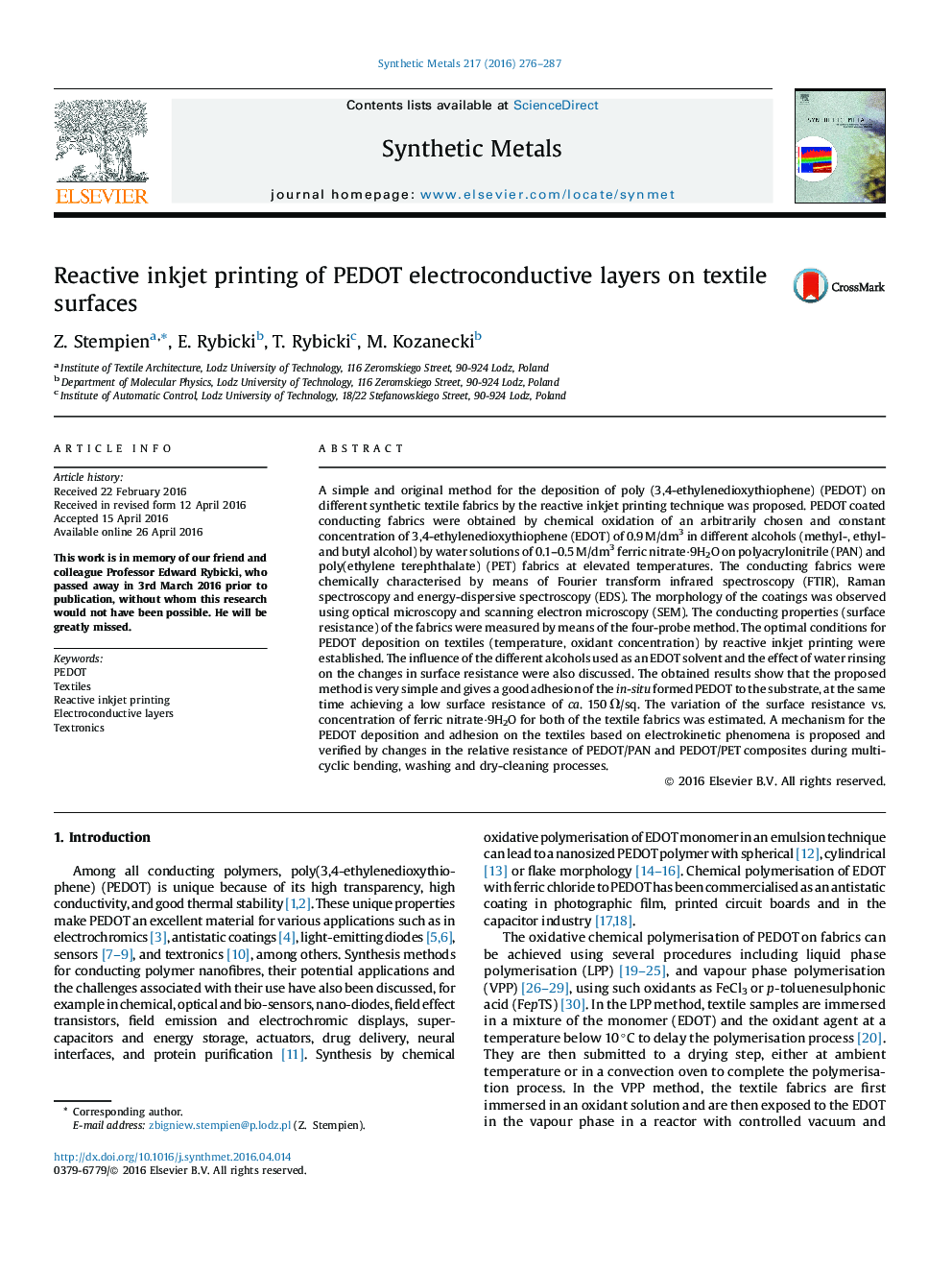 Reactive inkjet printing of PEDOT electroconductive layers on textile surfaces