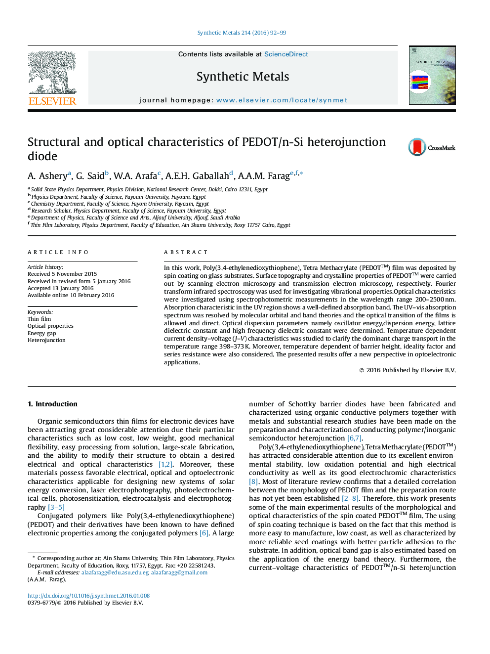 Structural and optical characteristics of PEDOT/n-Si heterojunction diode