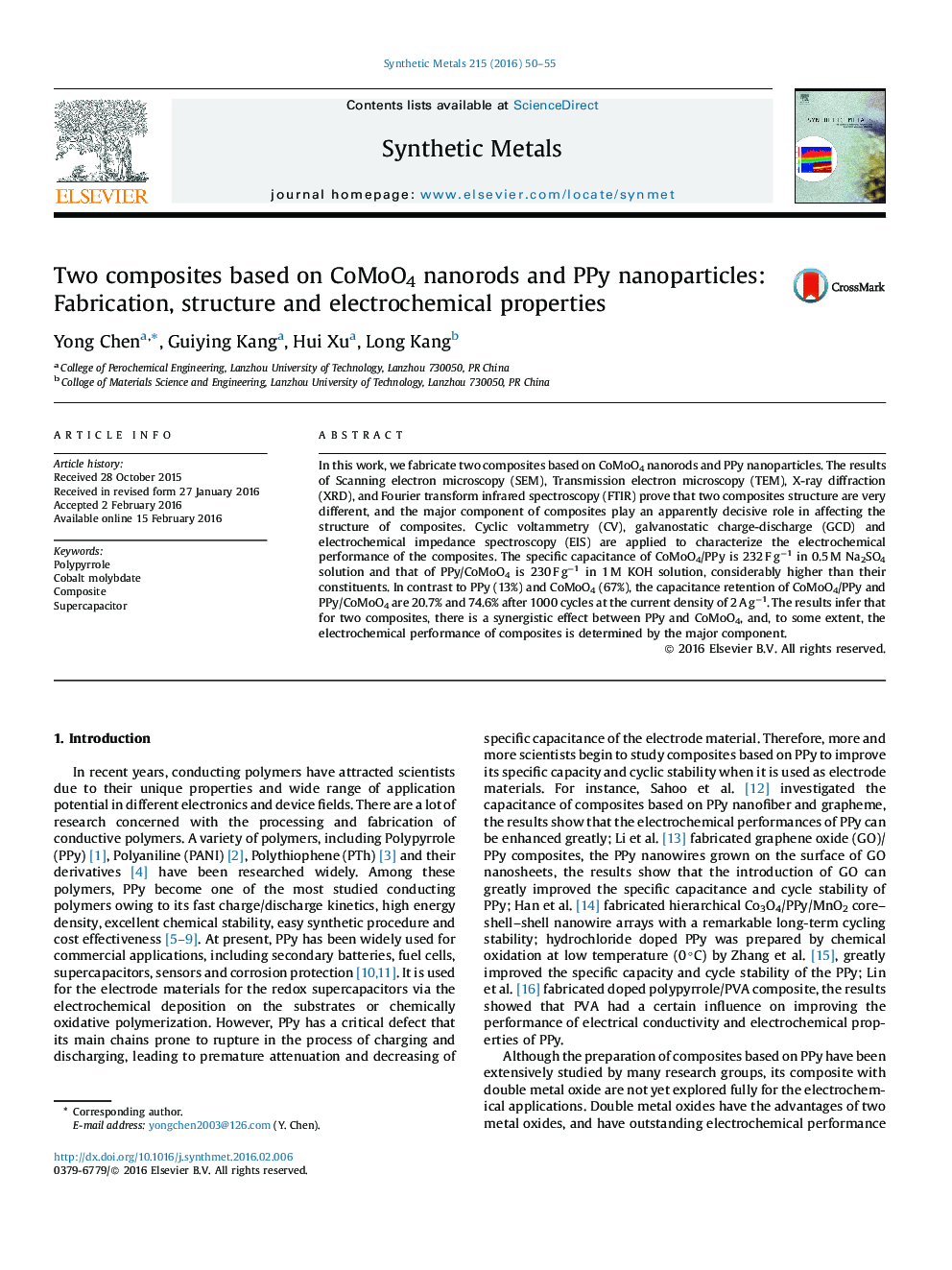 Two composites based on CoMoO4 nanorods and PPy nanoparticles: Fabrication, structure and electrochemical properties