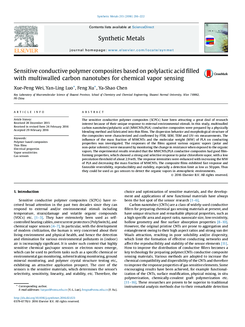 Sensitive conductive polymer composites based on polylactic acid filled with multiwalled carbon nanotubes for chemical vapor sensing