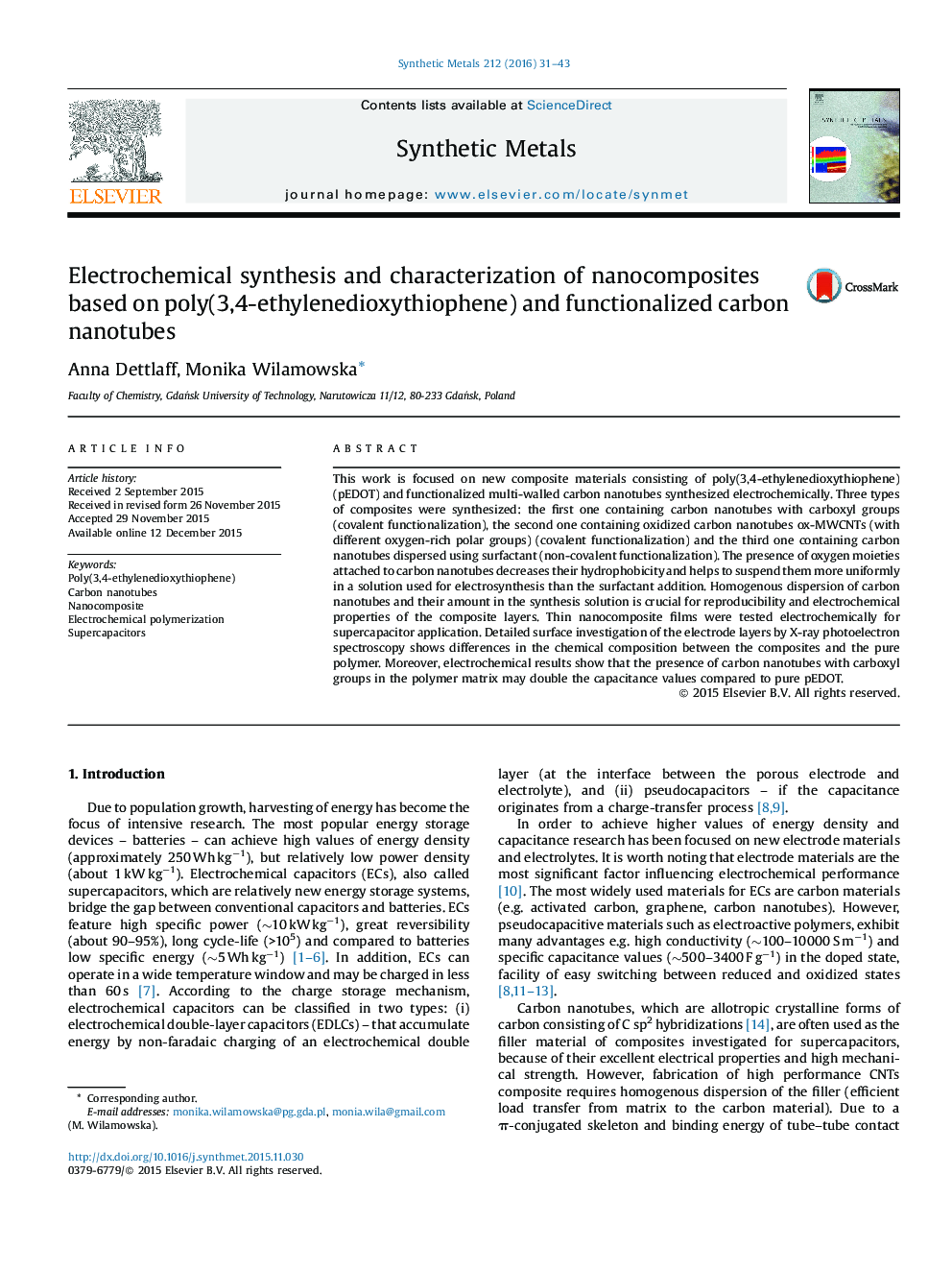 Electrochemical synthesis and characterization of nanocomposites based on poly(3,4-ethylenedioxythiophene) and functionalized carbon nanotubes