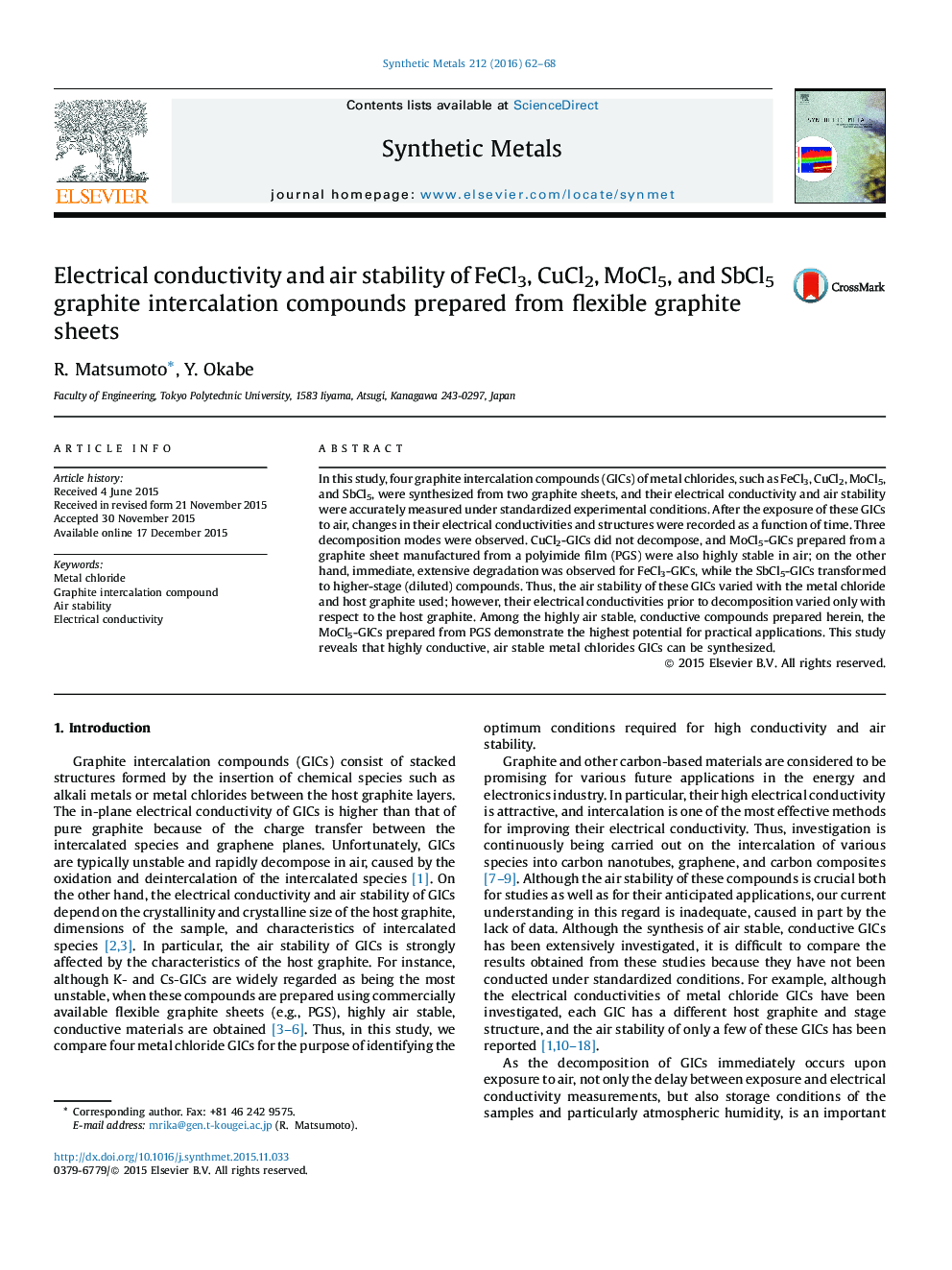 Electrical conductivity and air stability of FeCl3, CuCl2, MoCl5, and SbCl5 graphite intercalation compounds prepared from flexible graphite sheets