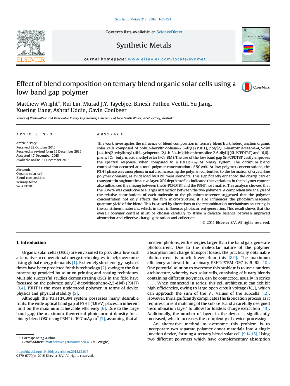 Effect of blend composition on ternary blend organic solar cells using a low band gap polymer