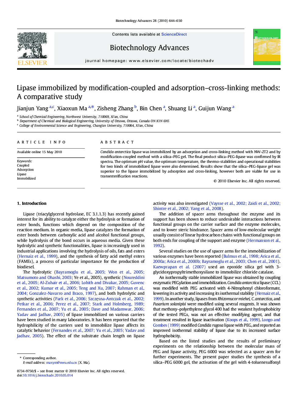 Lipase immobilized by modification-coupled and adsorption–cross-linking methods: A comparative study